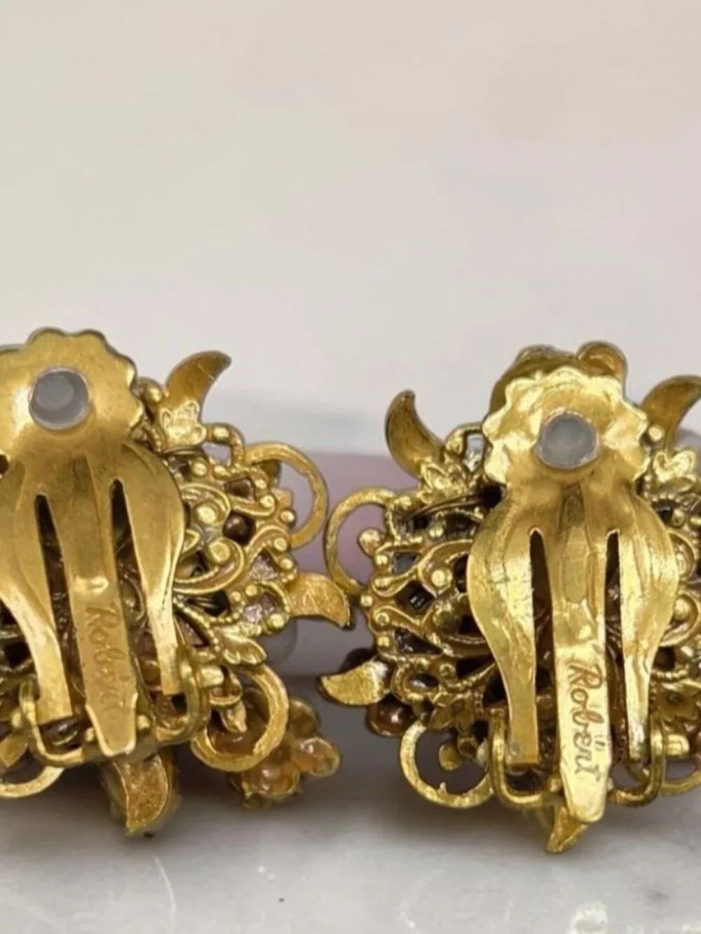Vintage Signed Robert Pink Flower Cluster Clip-On Earrings Mid-Century 1950s - Picture 6 of 12